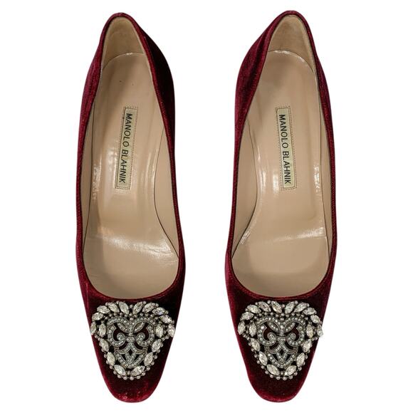Manolo Blahnik Okkato Burgundy Velvet Crystal Ornament Almond Toe Block Pumps - Picture 2 of 14